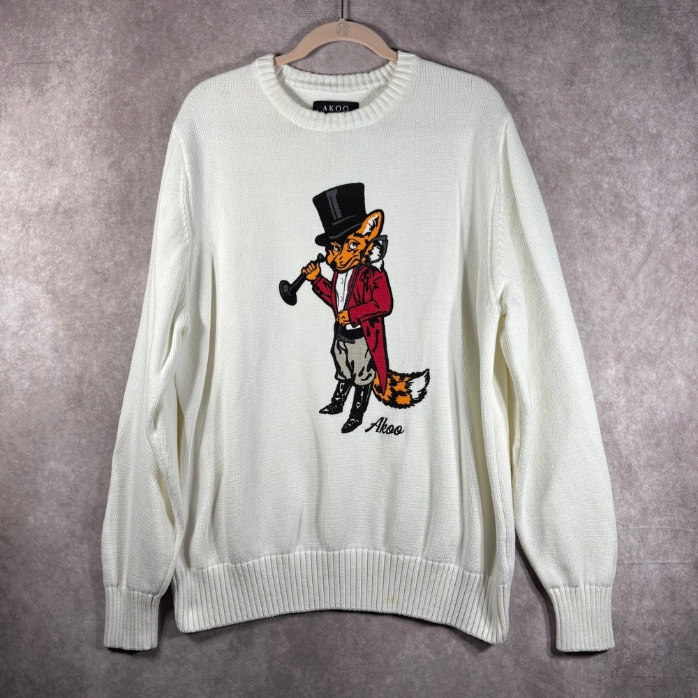 Vintage Y2K Akoo Slick Fox Sweater Mens 2XL Winter White Knit Crew Neck Pullover